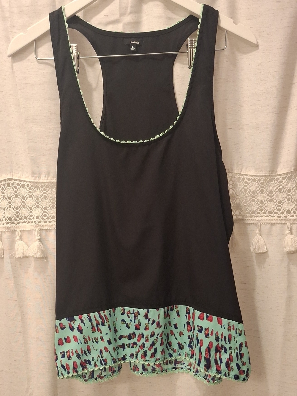 Hurley Black Tank with Mint and Multicolor Printed Hem